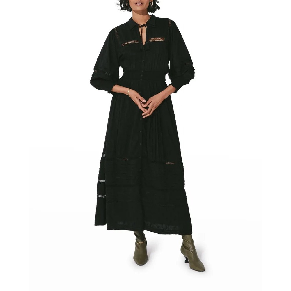 Cleobella Jane‎ Puff Sleeve Pintuck Ankle Maxi Dress Black Organic Cotton Size S